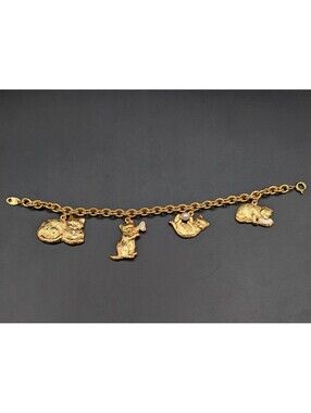 Vintage Avon Gold Tone Cat Charm Bracelet Faux Pearl Rhinestone Playful Kitten
